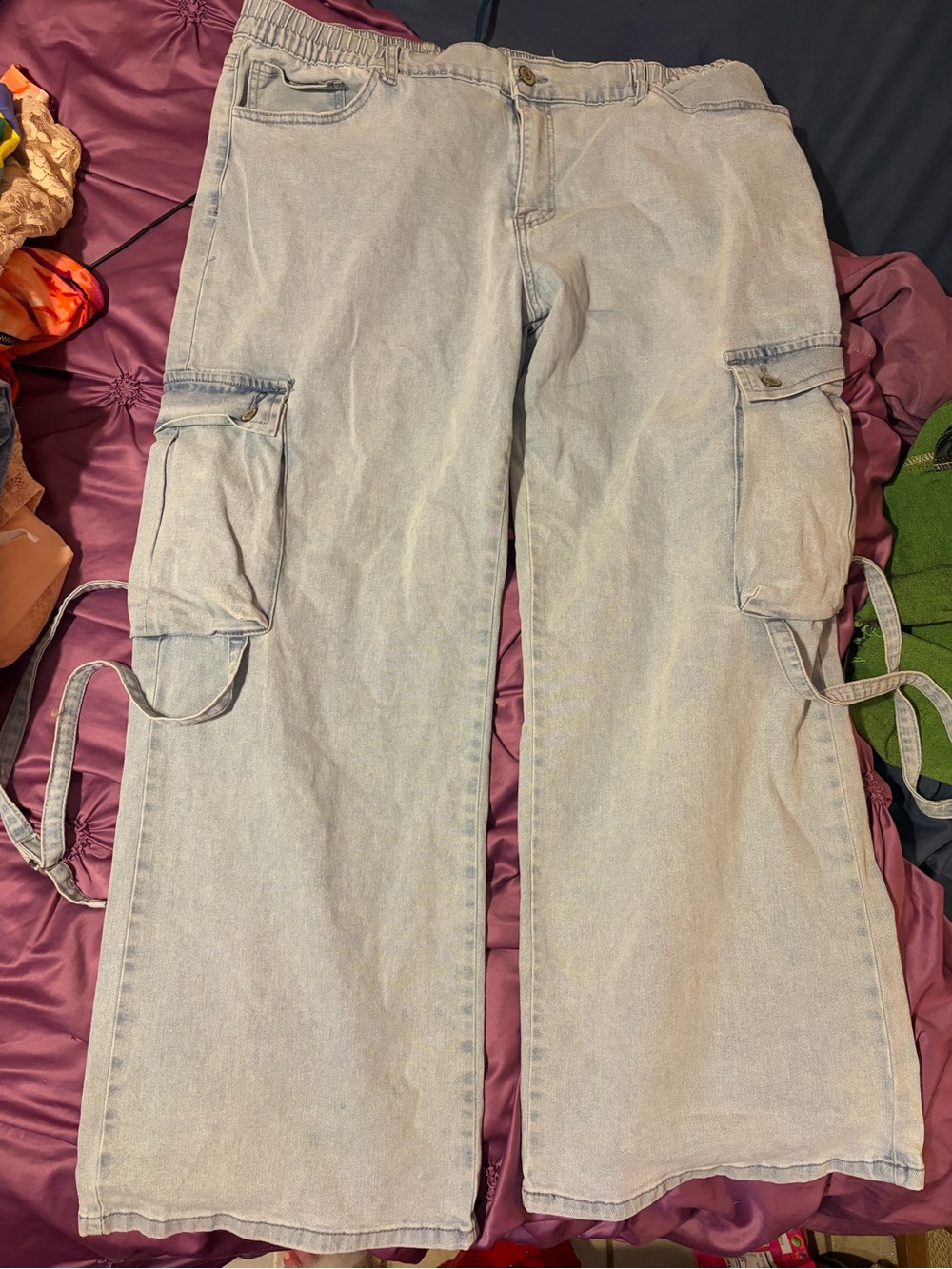 Light Blue Wide-Leg Cargo Jeans for Women